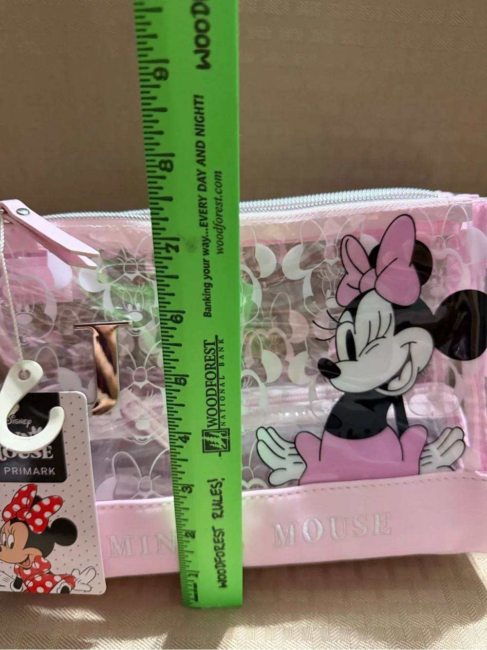 Disney Minnie Mouse Pink Clear Makeup Pouch. “J” monogram on front